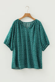 Black Boho Chic Notched V Neck Plus Floral Short Sleeve Top