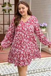 Purple Plus Floral Balloon Sleeve V Neck Relaxed Dress