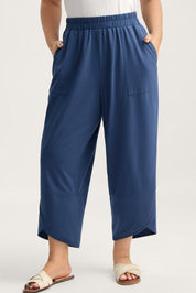 Black Plus Size Elastic Waist Asymmetrical Hem Loose Capris Pants