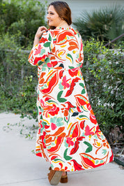 Orange Floral Print Drawstring V Neck Tiered Plus Size Dress