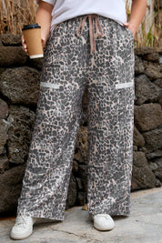 Khaki Plus Size Leopard Print Raw Edge Patch Pocket Drawstring Loose Pants