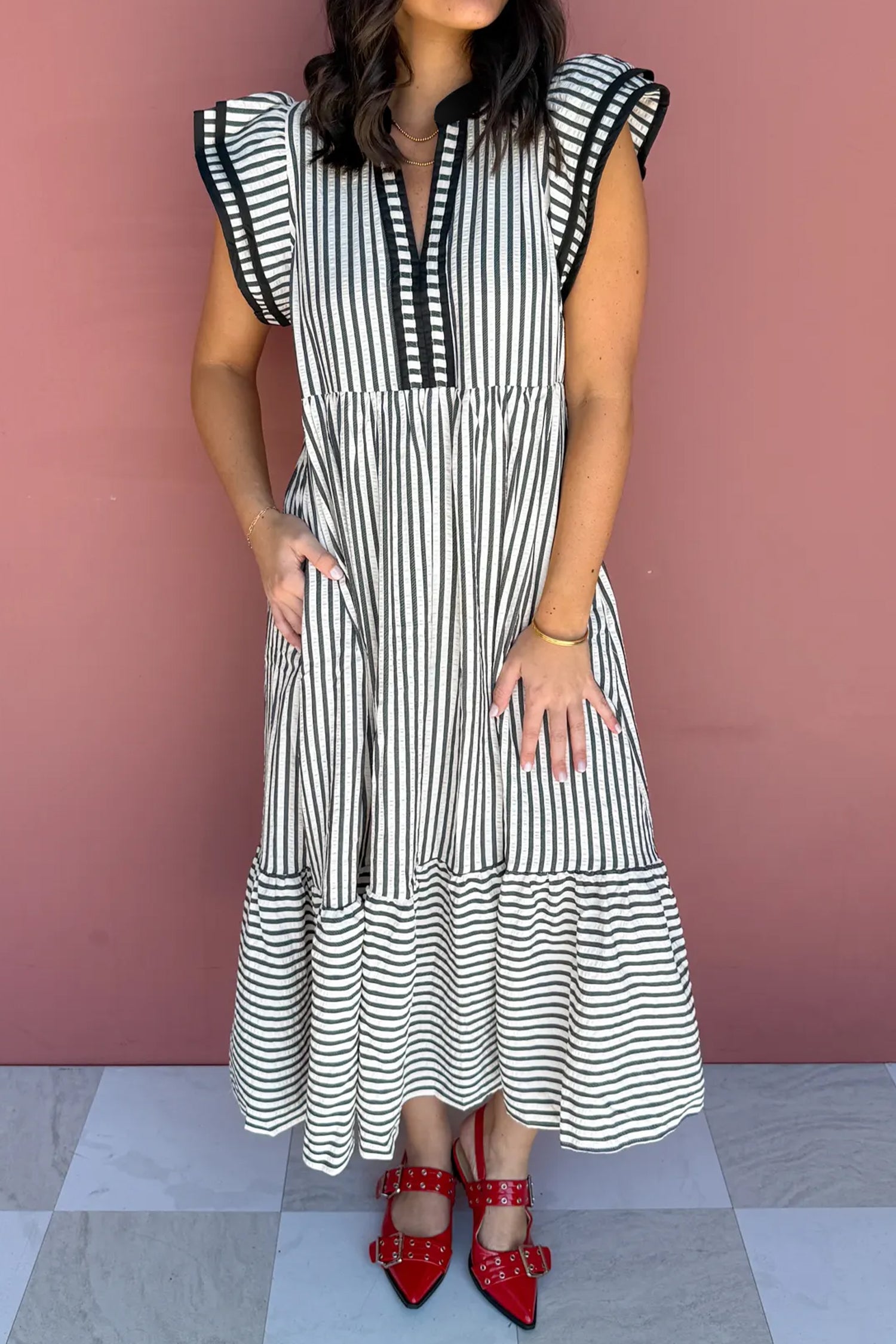 Brown Stripe Plus Size Slit V Neck Tiered Flutter Sleeve Maxi Dress