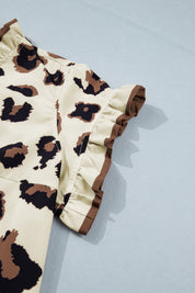 Khaki Plus Size Leopard Print Frilled Color Block Trim Button Down Short Sleeve Blouse