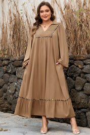 Chestnut Smocked V Neckline Leopard Piping Accent Bracelet Plus Size Long Dress
