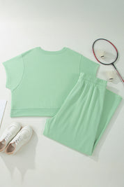 Mist Blue Solid Color Ribbed Trim Short Sleeve Top Drawstring Loose Pants 2pcs Outfit