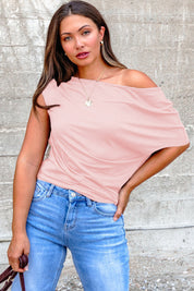 Black Plus Size Solid Color Asymmetric Neck Short Sleeve Blouse