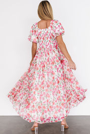 Pink Plus Size Floral Square Neck Puff Sleeve Ruffle Maxi Dress
