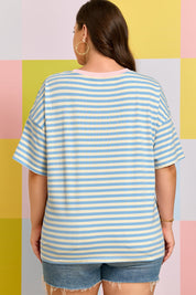 Sky Blue Stripe Plus Size Drop Shoulder Contrast Trim Round Neck Tee