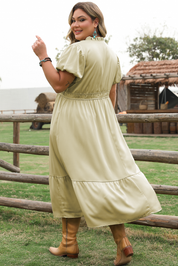 Laurel Green Notched V Neck Puff Sleeve Tiered Plus Size Maxi Dress