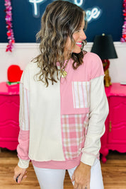 Pink Colorblock Plaid Panel Long Sleeve Plus Size Blouse