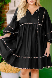 Black Plus Size Long Sleeve Leopard Contrasted Trim Tie Neck Flared Mini Dress
