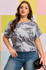 Gray Plus Size Camo Print Casual T Shirt