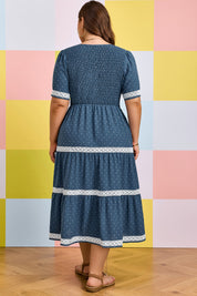 Dusk Blue Plus Size V Neck Swiss Dot Lace Patchwork Detail Flared Midi Dress