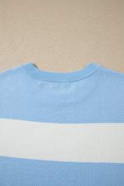 Sky Blue Stripe Colorblock Plus Size Short Sleeve Sweater