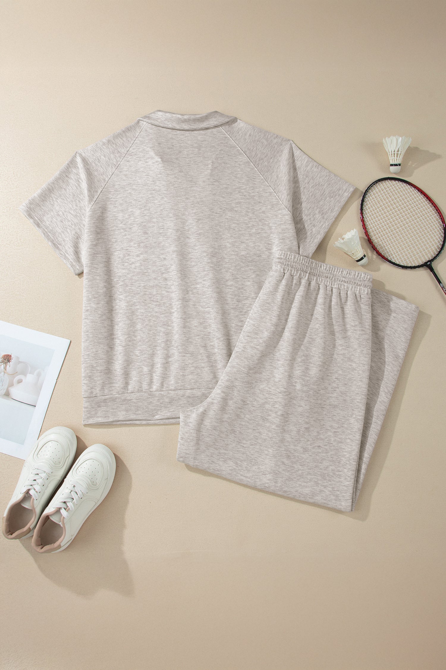 Light Grey Plus Size V Neck Polo Tee Drawstring Loose Pants 2pcs Set