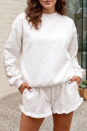 White Polka Dot Print Side Stripe Detail Casual Sweatshirt 2pcs Short Set