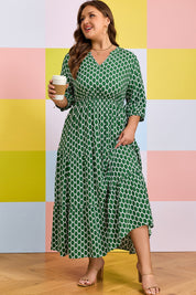 Green Plus Size Geometric Print Pocketed Ruffle Hem Casual Dress