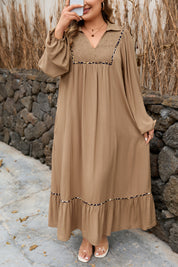 Chestnut Smocked V Neckline Leopard Piping Accent Bracelet Plus Size Long Dress