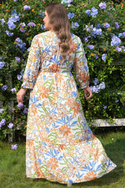 Khaki Floral Print 3/4 Sleeves Tiered Plus Size Long Dress