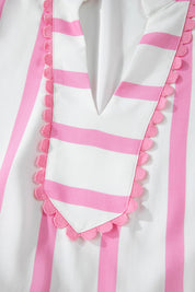 Pink Stripe Plus Size V Neck Short Puff Sleeve Tiered Maxi Dress