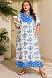 Sky Blue  Plus Size Floral Print Contrast Boho Patchwork V Neck Loose Midi Dress