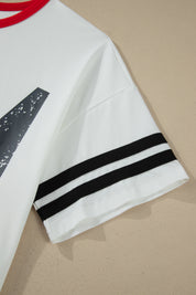 White Retro USA Striped Trim Short Sleeve Plus Size Tee