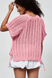 White Plus Size Open Knit Bow Tie Short Sleeve Sweater