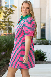 Rose Stripe Collared V Neck Puff Sleeve Shift T Shirt Dress with Pockets