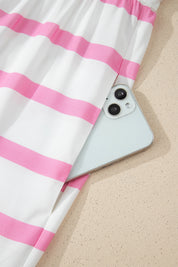 Pink Stripe Plus Size V Neck Short Puff Sleeve Tiered Maxi Dress