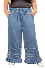 Dusk Blue Tiered Raw Edge Ruffled Plus Size Wide Leg Denim Pants