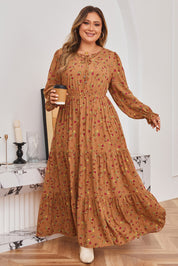 Brown Plus Size Floral Split V Neck Ruffled Sleeve Tiered Maxi Dress
