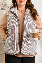 Brown Stripe Quilted Wavy Hem Snap Button Plus Size Vest
