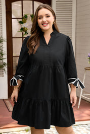 Black Contrast Trim Knot Cuffs Plus Size V Neck Mini Dress