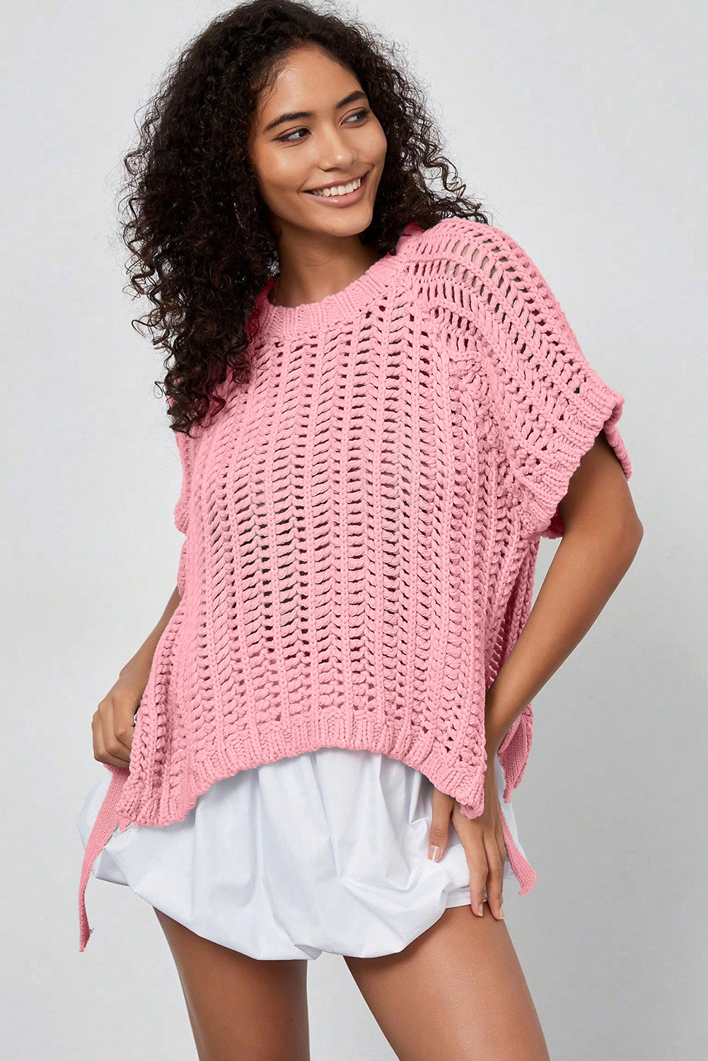 White Plus Size Open Knit Bow Tie Short Sleeve Sweater
