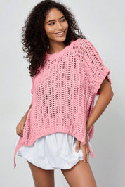 White Plus Size Open Knit Bow Tie Short Sleeve Sweater