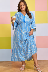 Sky Blue Plus Size Geometric Print Contrast Trim V Neck Bracelet Sleeve Long Dress