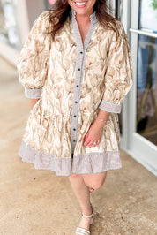 Khaki Plus Size Floral Print Striped Trim Patchwork Button Down A-line Dress