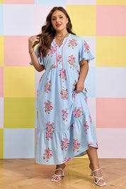 Sky Blue Plus Size Floral Print Scalloped Trim V-Neck Dress