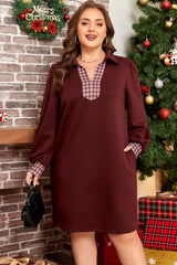Coffee Contrast Plaid Trim Patchwork Collared Plus Size Shift Mini Dress