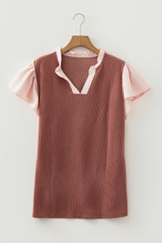 Vineyard Green Plus Size Contrast Frilled Neckline Ruffled Short Sleeve Ribbed Textured Blouse