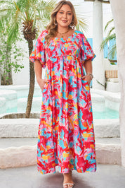 Rose Abstract Printed Puff Sleeve Square Neck Smocked Bust Tied Back Plus Size Dress