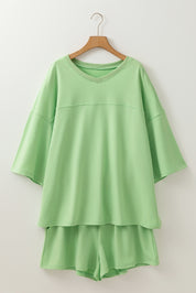 Meadow Mist Green Plus Size V Neck Drop Shoulder Tee Loose Shorts 2pcs Outfit