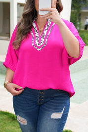 Rose Red Leopard Accent Notched Neck Plus Size Short Sleeve Top