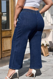 Real Teal Plus Size Drawstring High Waist Wide Leg Casual Jeans