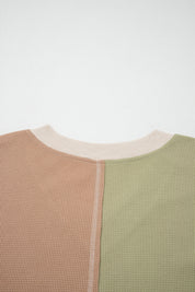 Green Plus Mixed Texture Color Block Patchwork V Neck Long Sleeve Top