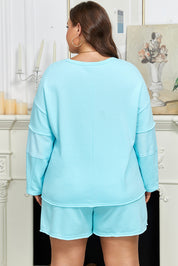 Aruba Blue Plus Size Solid Color Splicing Raw Hem Pullover Top Shorts Set