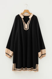 Black Plus Size Color Block Striped Trim V Neck Long Sleeve Shift Mini Dress