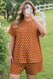 Brown Polka Dot Print Dropped Shoulder Tee Plus Size Short Set