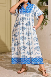 Sky Blue  Plus Size Floral Print Contrast Boho Patchwork V Neck Loose Midi Dress