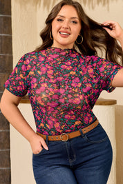 Rose Plus Size Floral Mesh Short Sleeve Top
